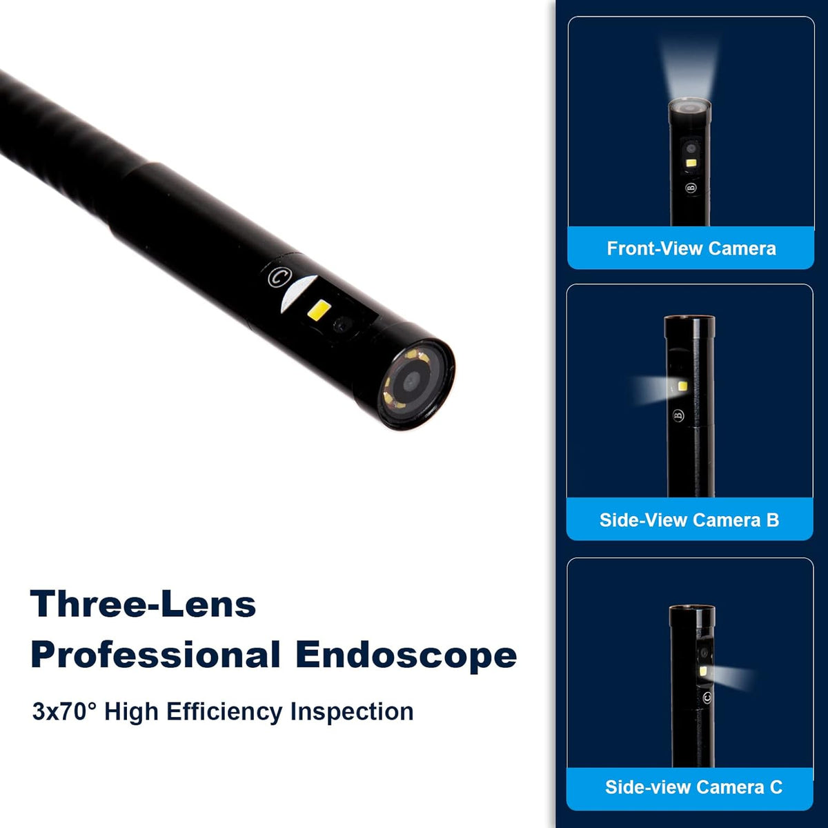 Triple-Lens Borescope Inspection Camera with Light, 1080P HD 7.9mm IP67 Waterproof, 16.4Ft Cable, 5 IPS Screen J832456
