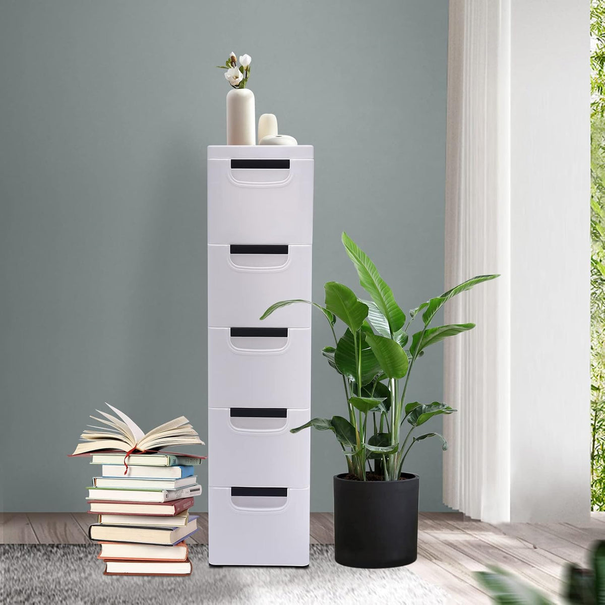 White 5 Tier Plastic Storage Tower with Wheels G355