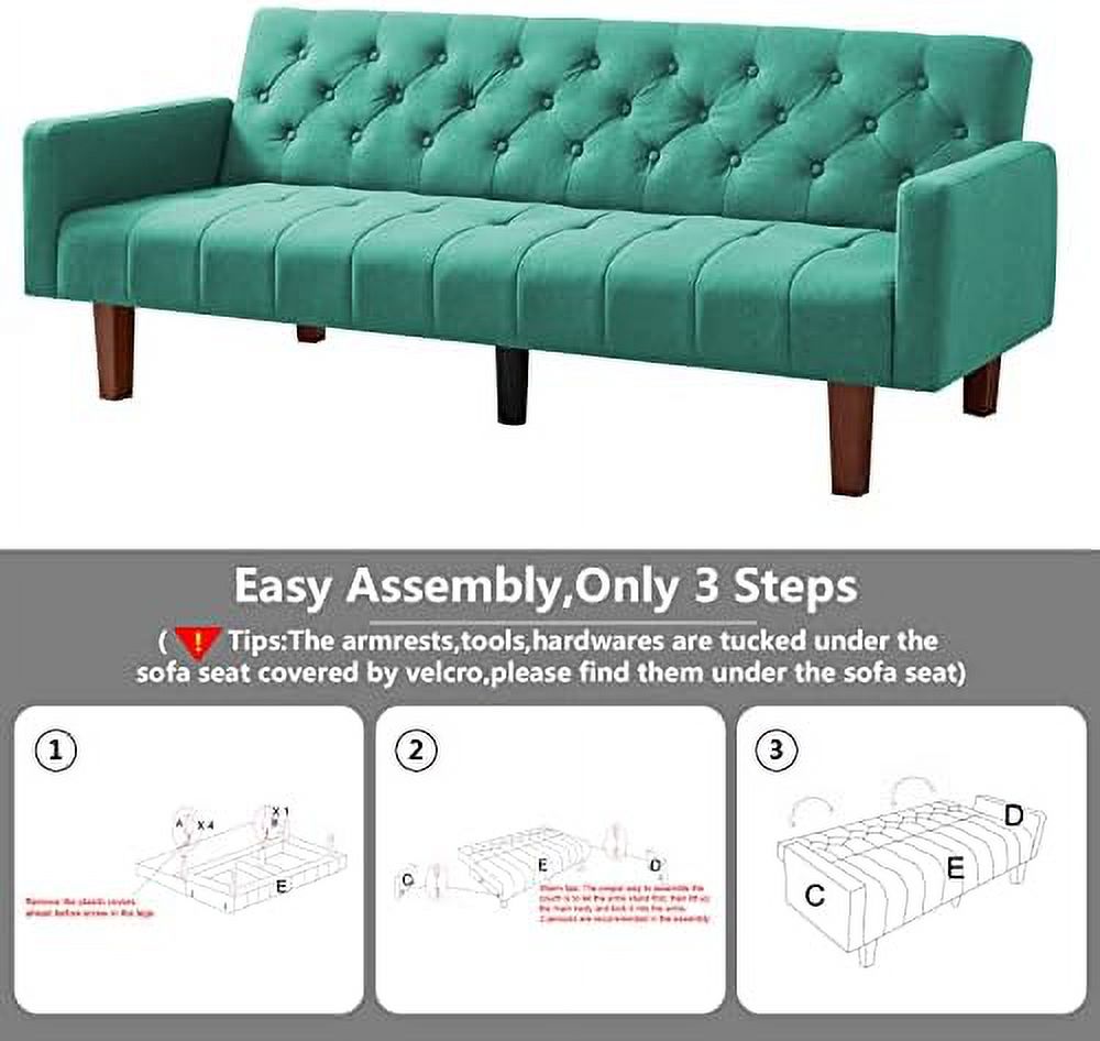 Green Linen Upholstered Convertible Sofa Bed 74" 3 Seater V892