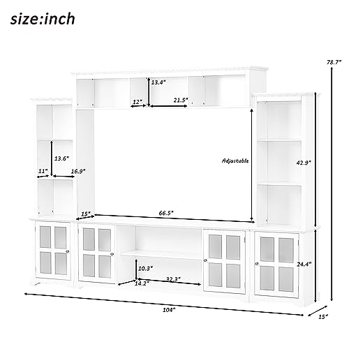 White 104" Wide Entertainment Wall Unit with Storage Cabinets and Shelves D2519