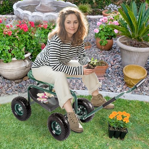 Blue Garden Cart with Rolling Work Seat Tool Tray and Storage Basket on Wheels K1076