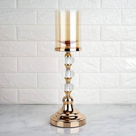 Gold 17 in Tall Metal Glass Crystal Candle Holder Centerpiece K9624