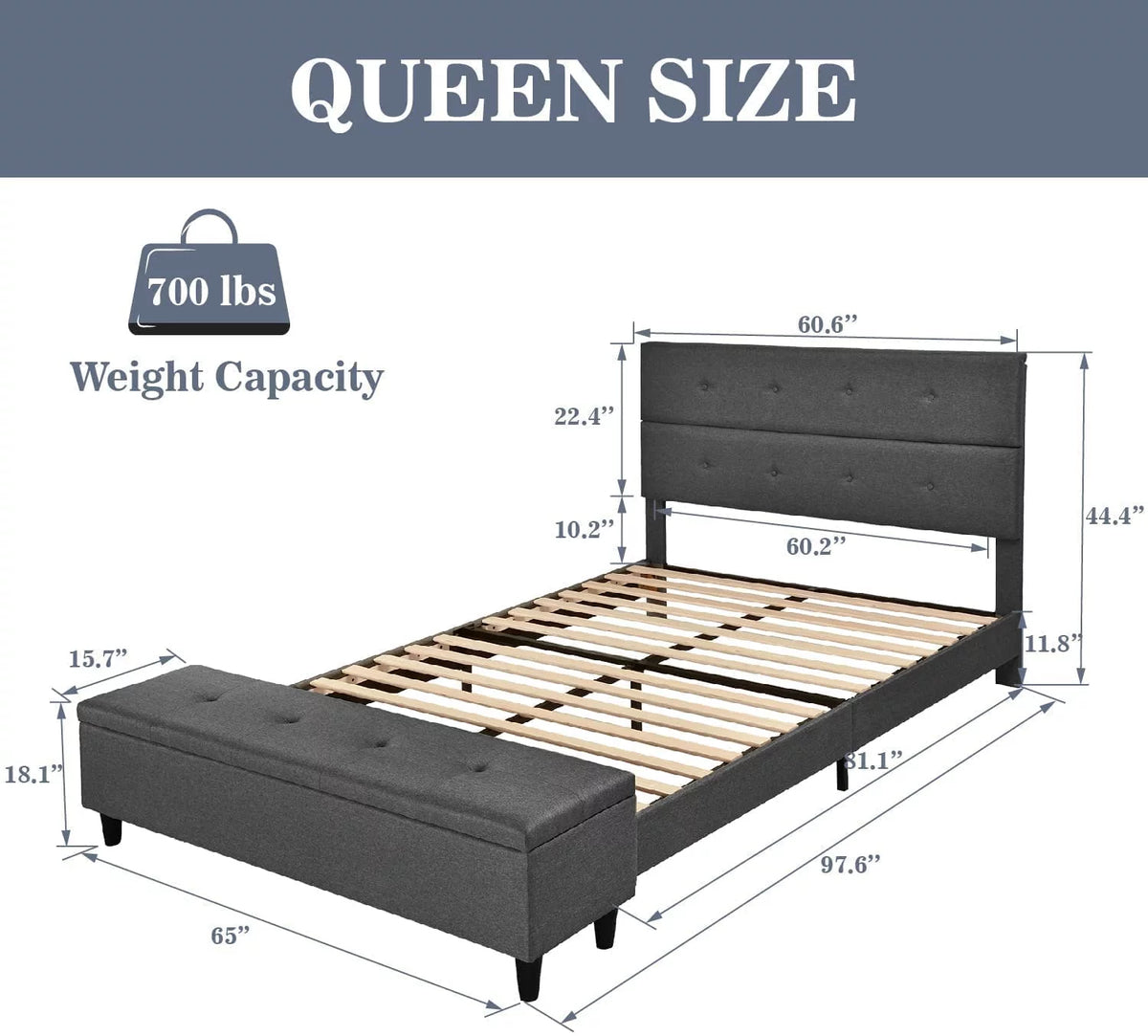 Queen Size Upholstered Platform Bed Frame with Storage Bench, Dark Grey J473386