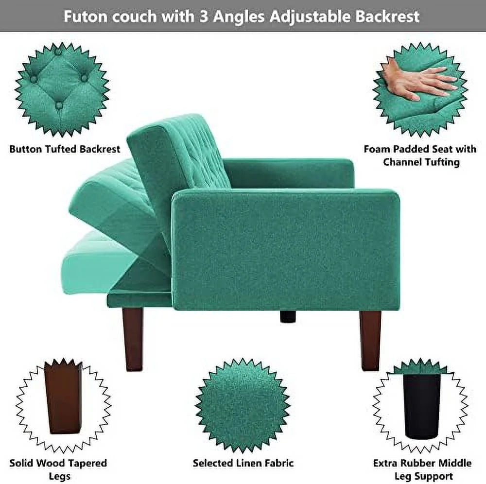Green Linen Upholstered Convertible Sofa Bed 74" 3 Seater V892