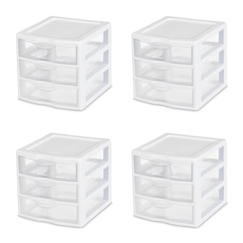 4-Pack 3 Drawer Plastic Desktop Organizer with Clear Drawers, White Frame F422
