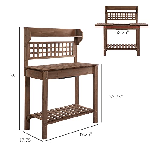 Brown Wooden Potting Bench Table with Sliding Tabletop and Storage Shelf X443