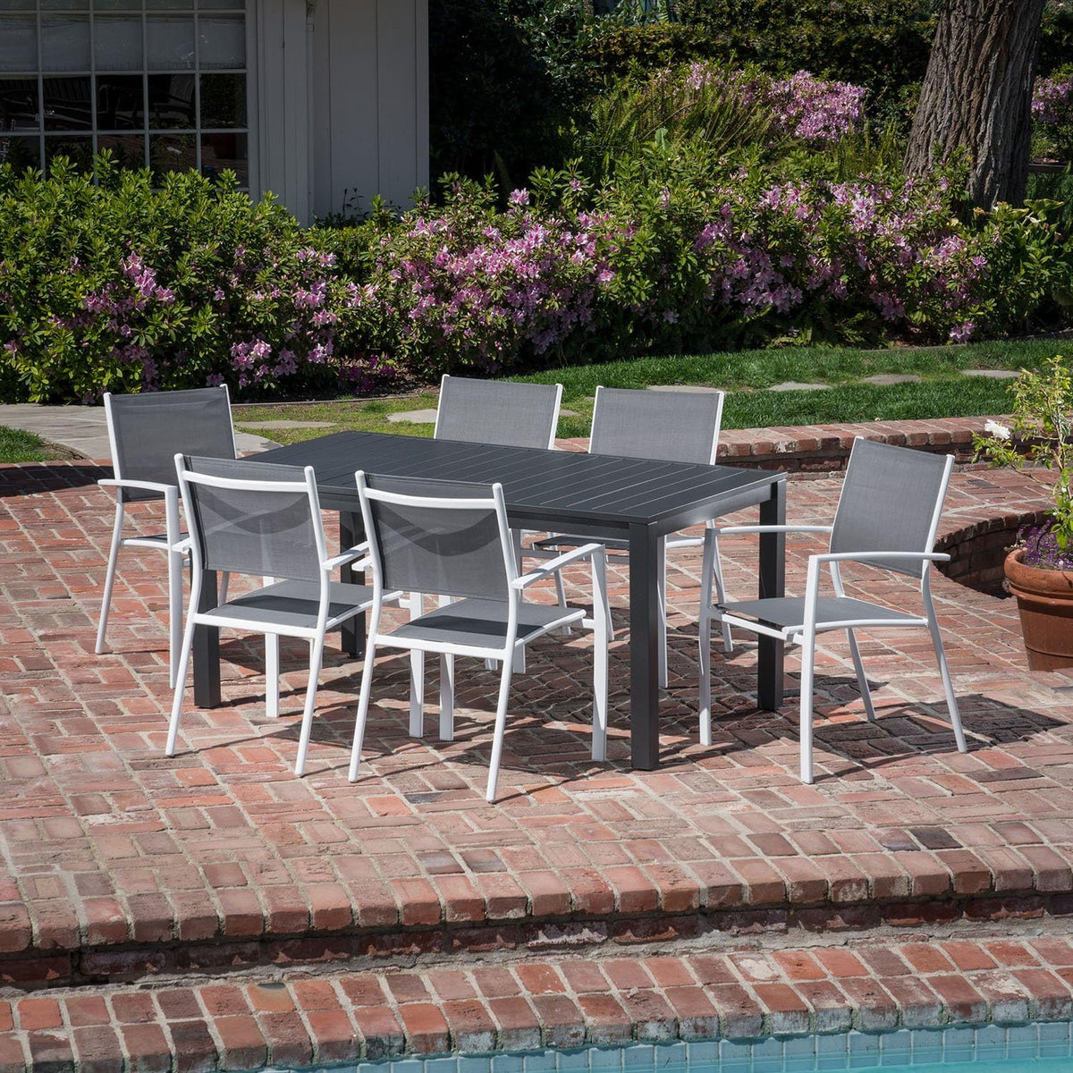 7-Piece Gray White Sling Chairs and Dining Table Outdoor Furniture R16051