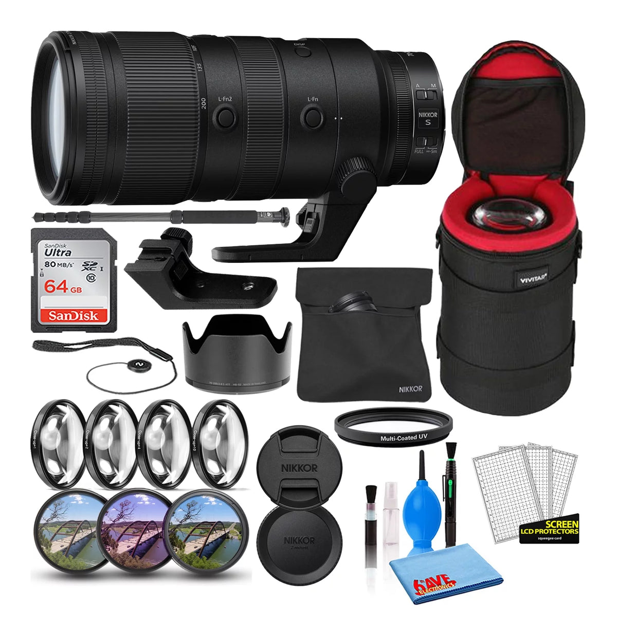 70-200mm f/2.8 Lens Bundle with 64GB SDHC Memory Card, Lens Case, Monopod, 8-Piece Filter Kit C188