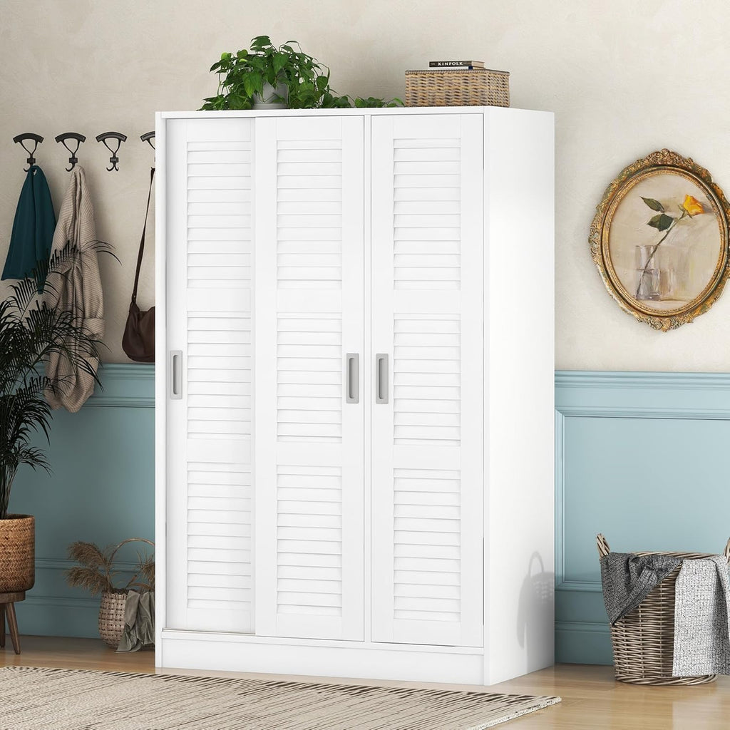 White 3 Doors Wood Wardrobe with Storage Shelves and Hanging Rail Q799