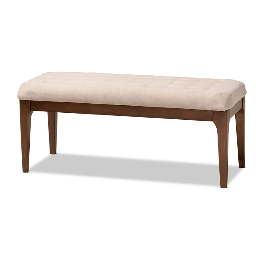 Beige Fabric Upholstered Walnut Brown Wood Dining Bench J25302