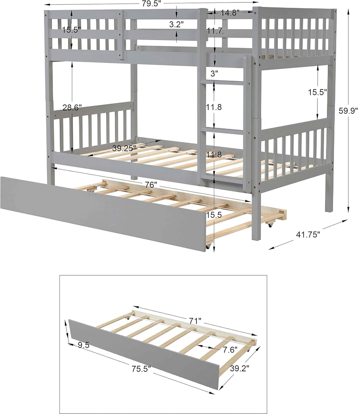 Twin Over Twin Solid Wood Bunk Beds with Trundle and Safety Rail and Ladder S9852
