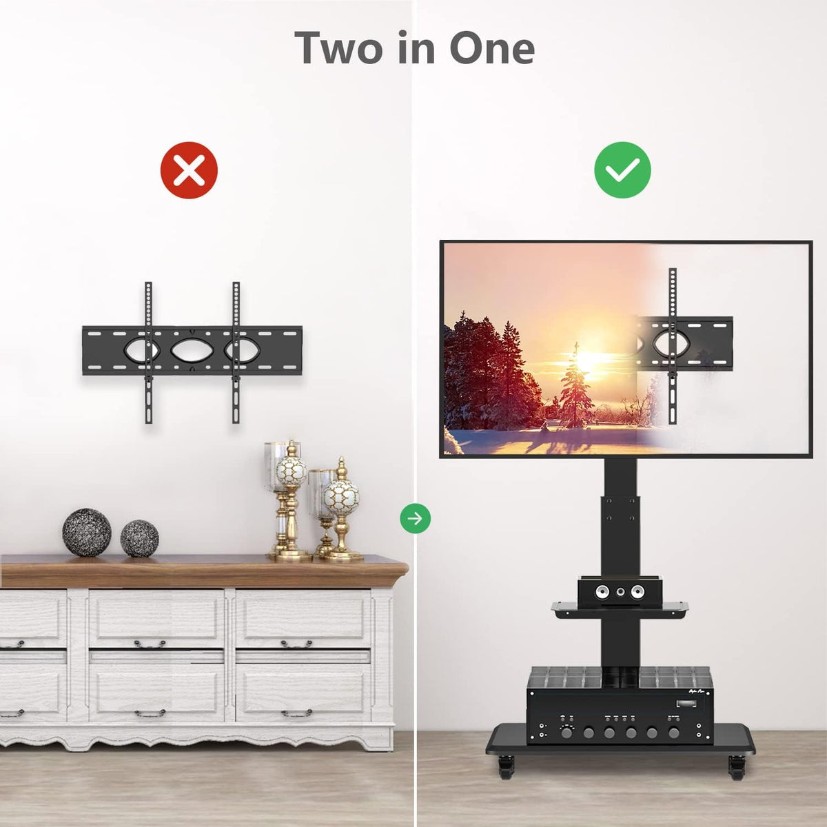 Rolling TV Stand with Wheels and Swivel Mount for 37 inch-70 inch LCD LED Flat Panel Screen TV, Portable Mobile TV Cart with Shelf, Height Adjustable, Max VESA 600x400mm C84733