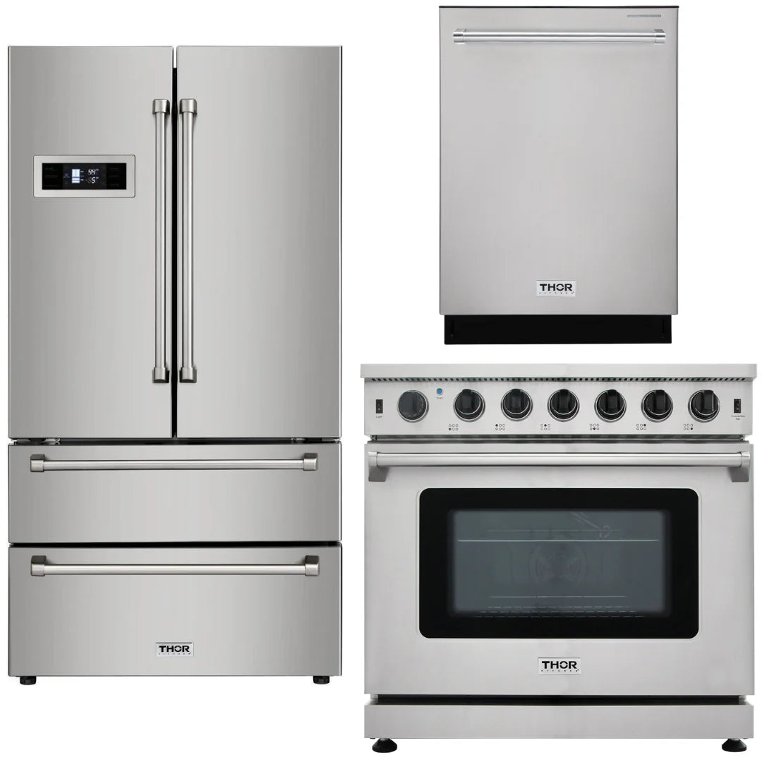 36 in. Propane Gas Range, Refrigerator, Dishwasher P5273