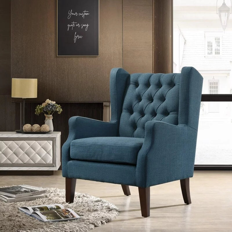 Linen Button Tufted Wingback Chair Blue O259125