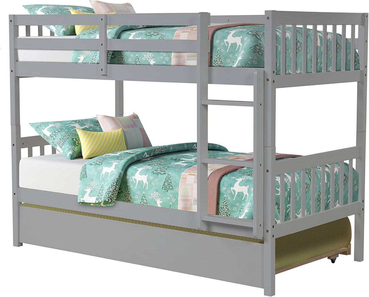 Twin Over Twin Solid Wood Bunk Beds with Trundle and Safety Rail and Ladder S9852