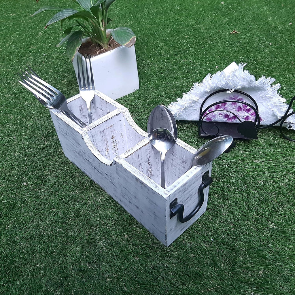 White Wood Silverware Holder Caddy L64019