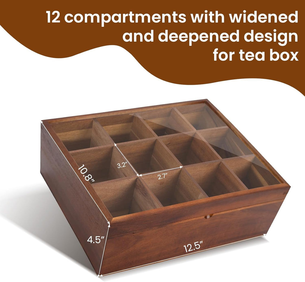 Acacia Wooden Tea Bag Organizer with 12 Compartments and Clear Acrylic Top Window W431