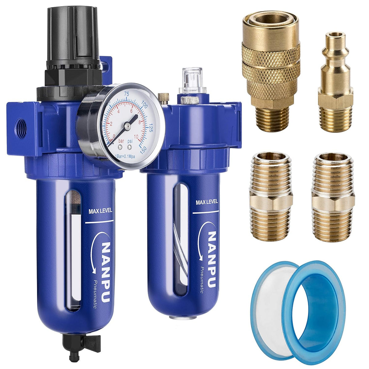 3/8 NPT Compressed Air Filter Regulator Lubricator, Zinc Alloy, 5 Micron, 0-150 psi W22768
