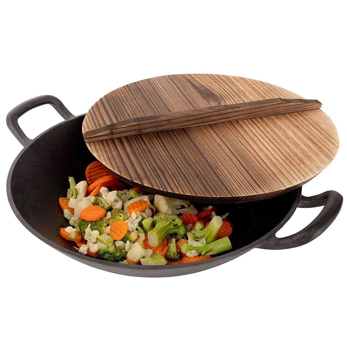 Pre-Seasoned Cast Iron Wok with Wooden Lid (14 inches) Z1794
