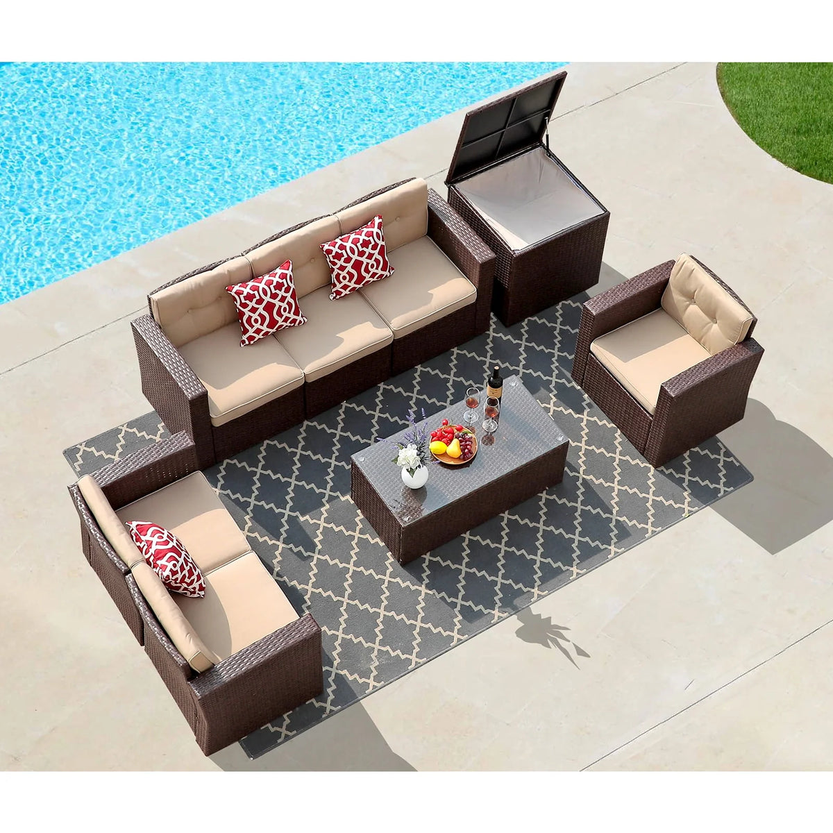 8 Pc Wicker Rattan Outdoor Furniture Set with Storage Box O119