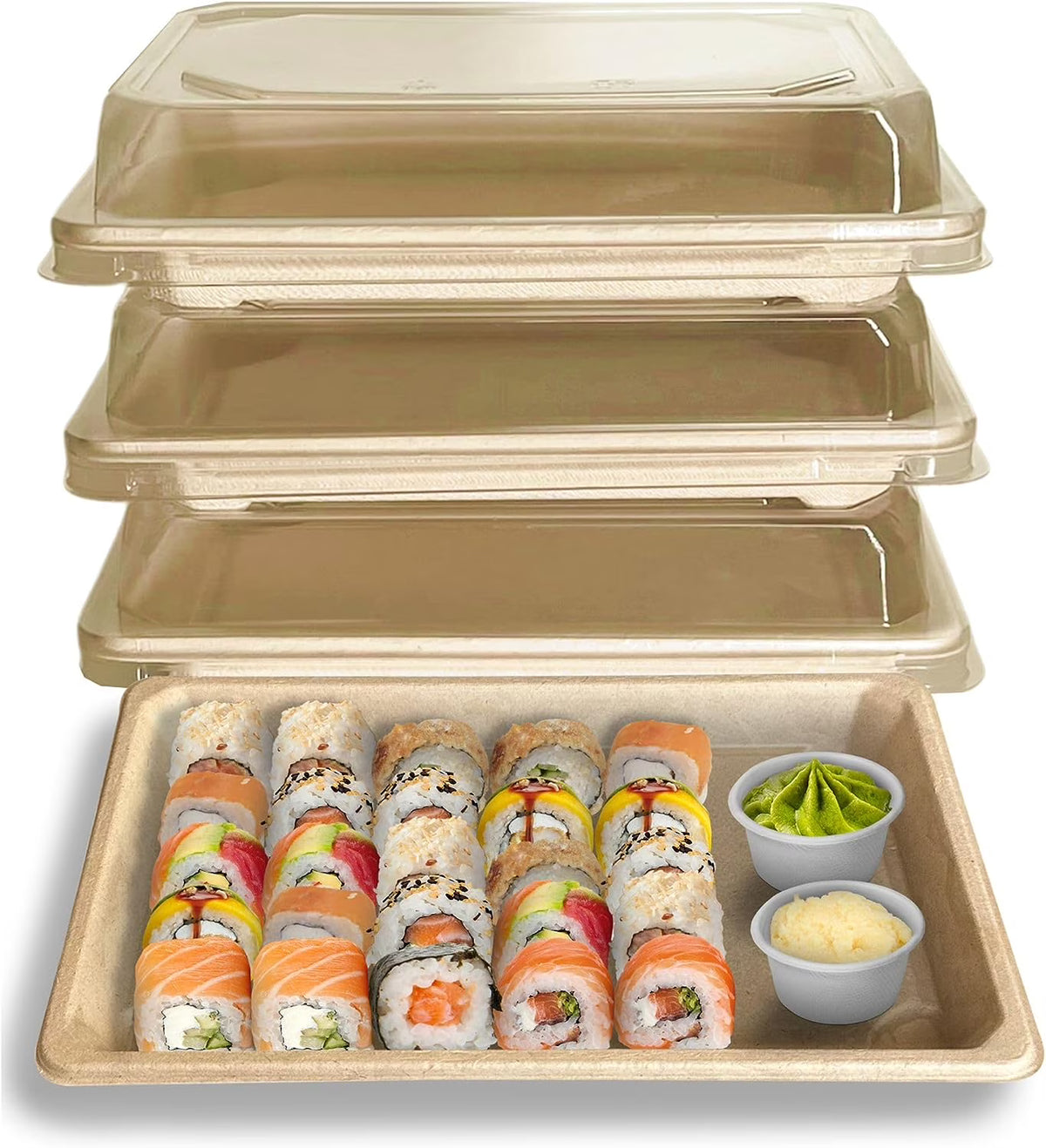 100 PACK Compostable Sugarcane Sushi Trays with Lids D95782