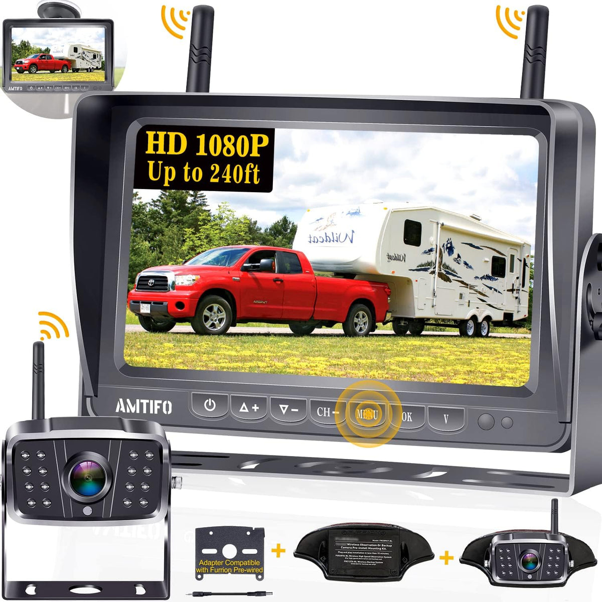 Wireless HD 1080P 7'' Split Screen DVR Backup Camera 4 Channel Infrared Night Vision L9681