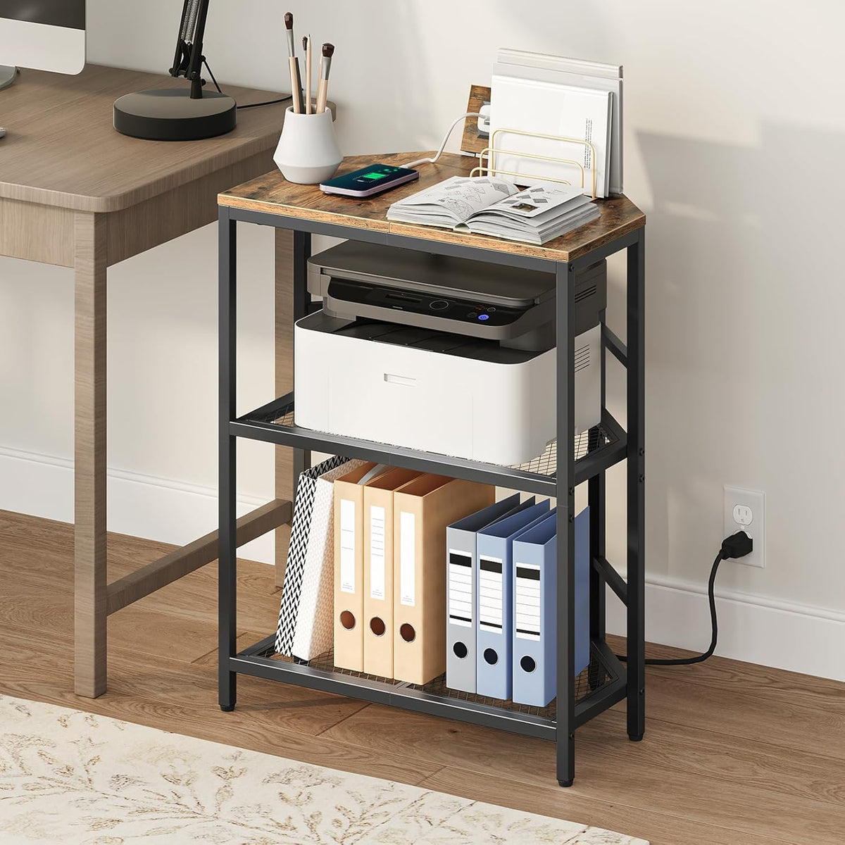 Rustic Brown 3-Tier Metal Frame Printer Stand with Storage Shelf M430