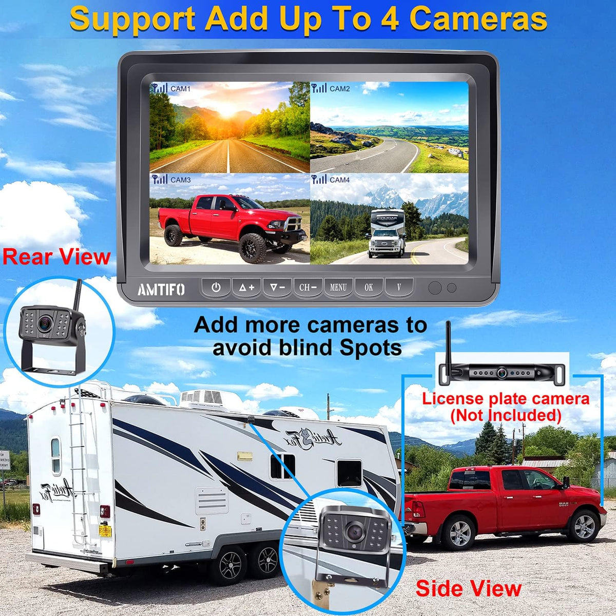 Wireless HD 1080P 7'' Split Screen DVR Backup Camera 4 Channel Infrared Night Vision L9681
