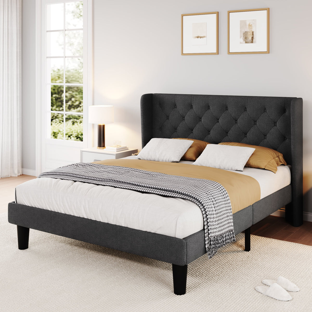 Queen Size Dark Grey Upholstered Platform Bed Frame G563949