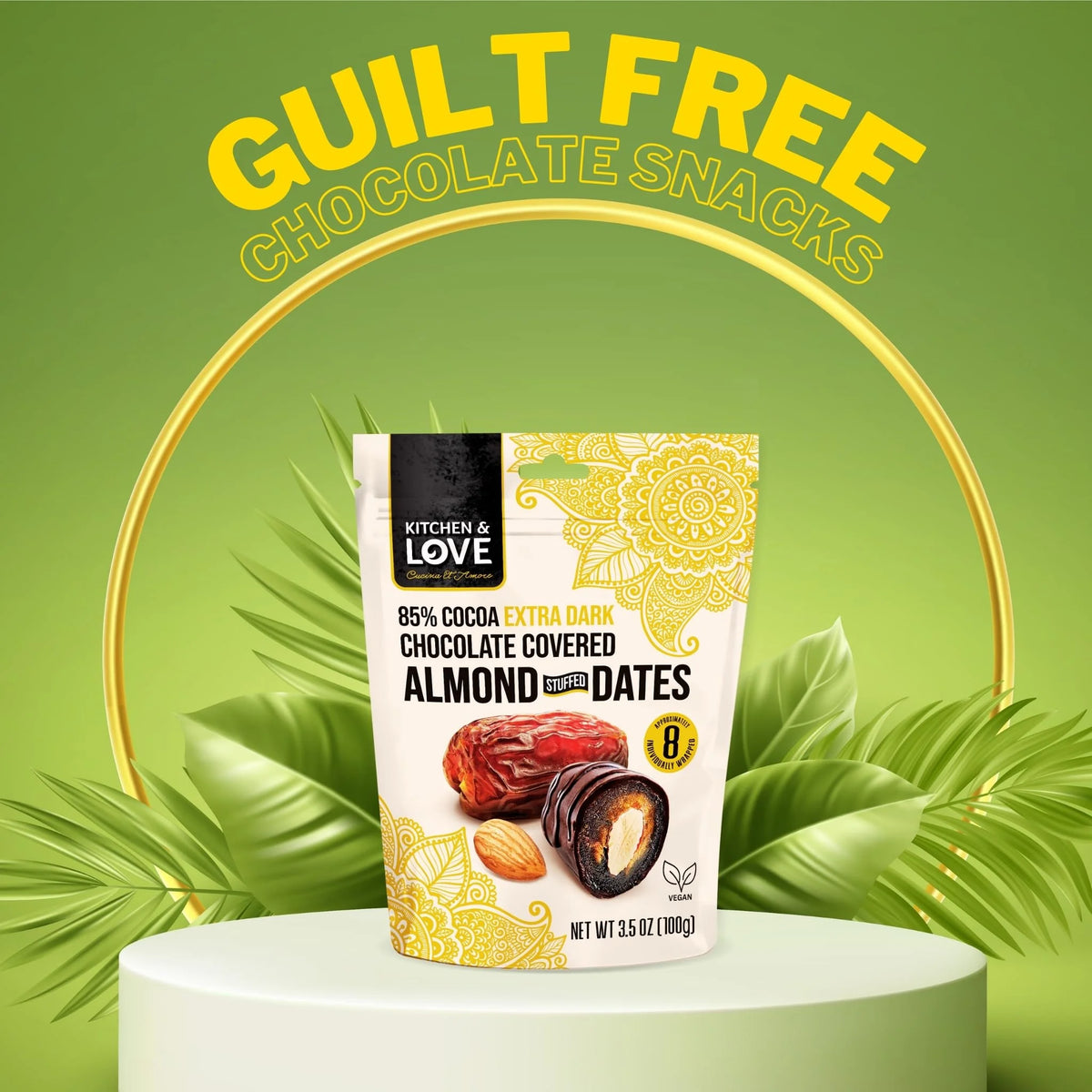 85% Extra Dark Chocolate Covered Almond Stuffed Dates 3.5 oz Pouch Pack of 4 L1175