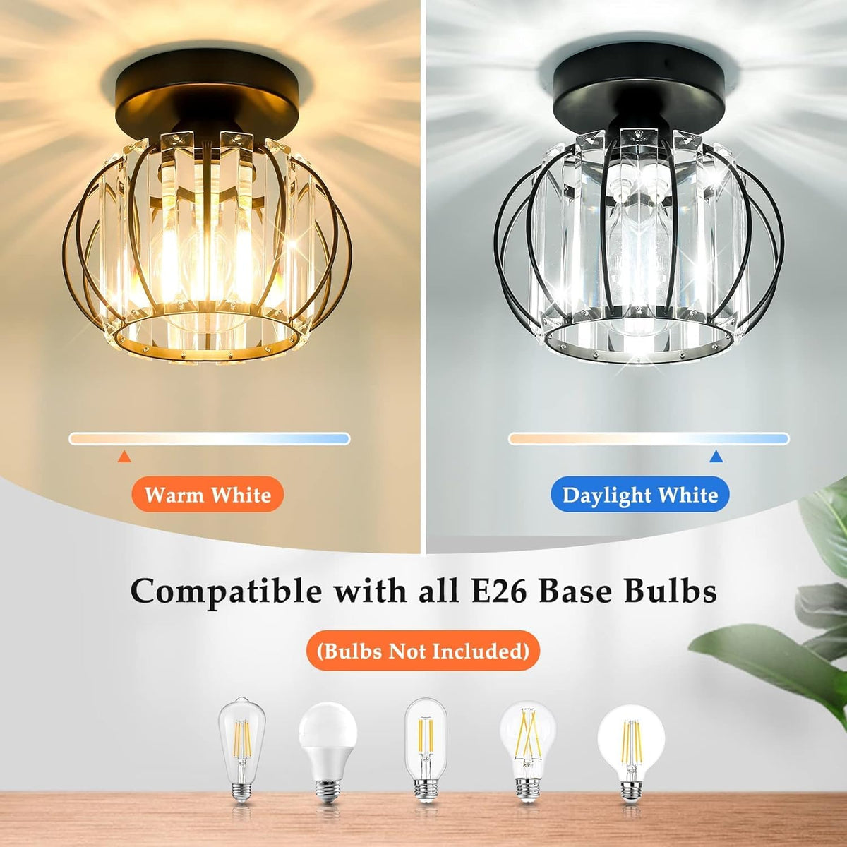 2-Pack Semi Flush Mount Ceiling Light Fixtures Small Crystal Black Metal Cage Indoor Z217