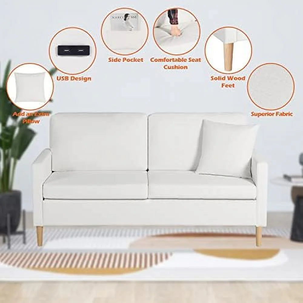 White Faux Leather 2-Seat Loveseat Sofa with Pillows A6770