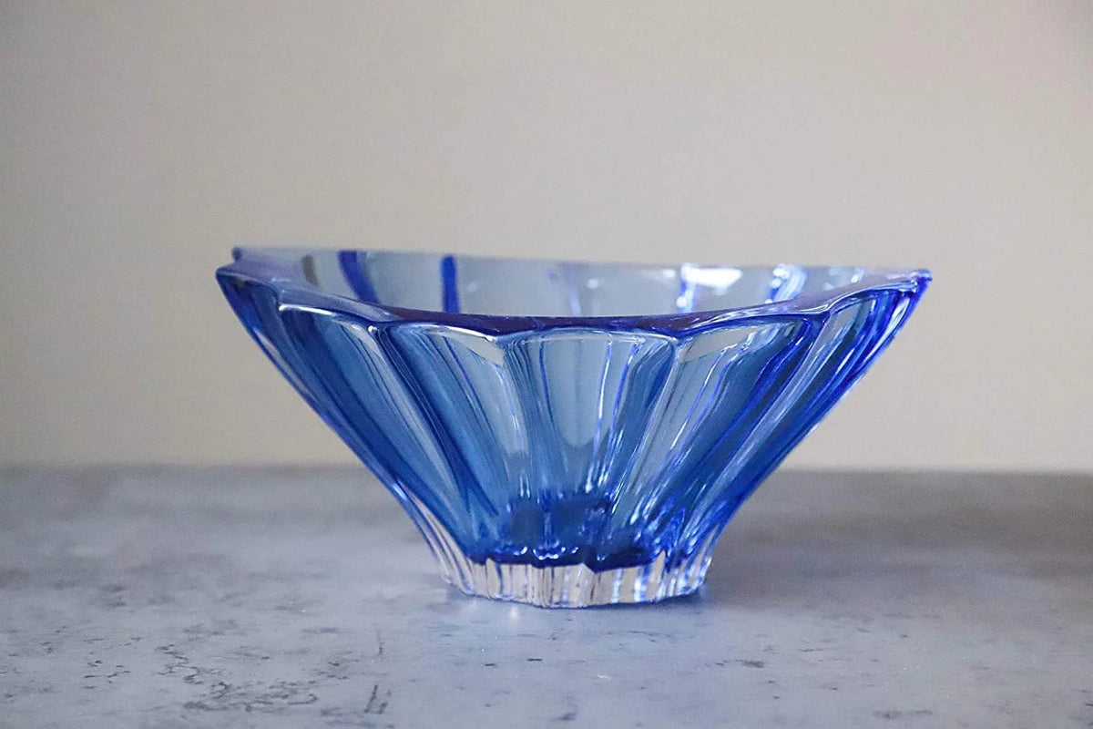 Bohemian Crystal Glass Bowl-Vase 8''-Dia Blue Vintage Centerpiece H362