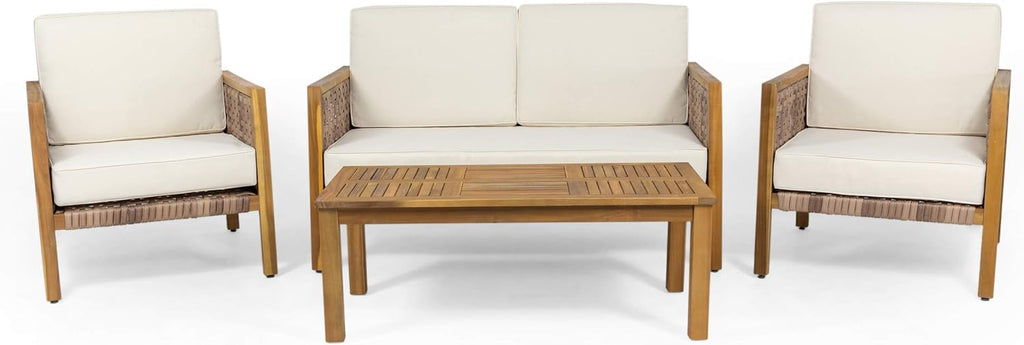 Outdoor 4 Seater Acacia Wood Chat Set with Wicker Accents, Teak Finish C55461