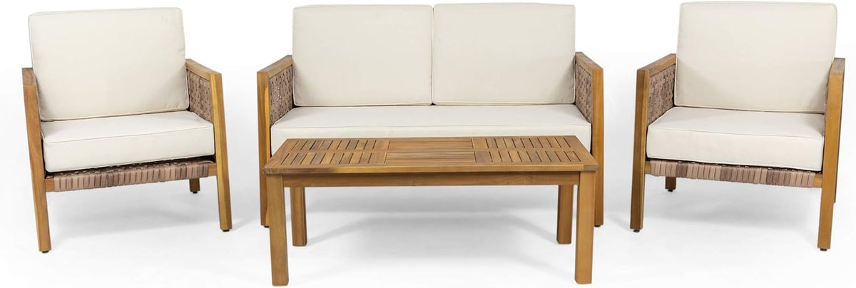 Outdoor 4 Seater Acacia Wood Chat Set with Wicker Accents, Teak Finish C55461