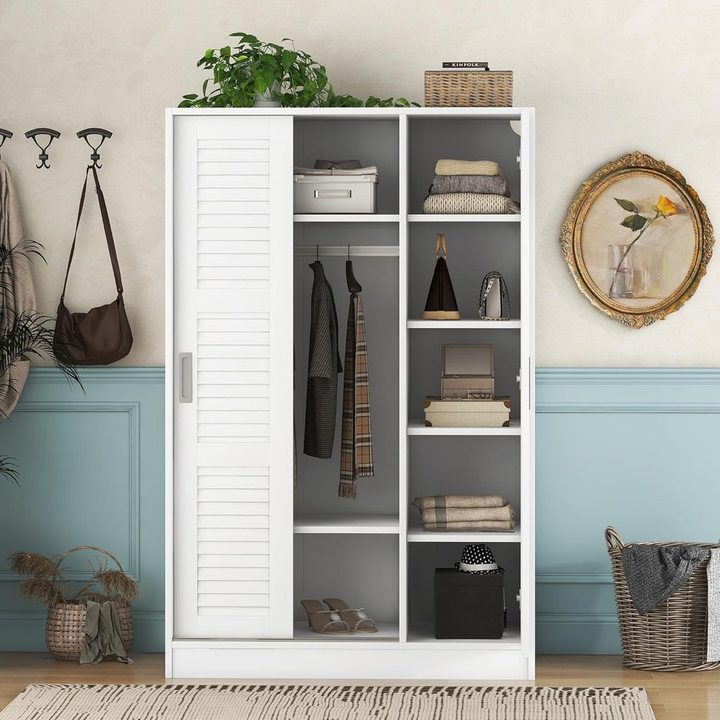 White 3 Doors Wood Wardrobe with Storage Shelves and Hanging Rail Q799