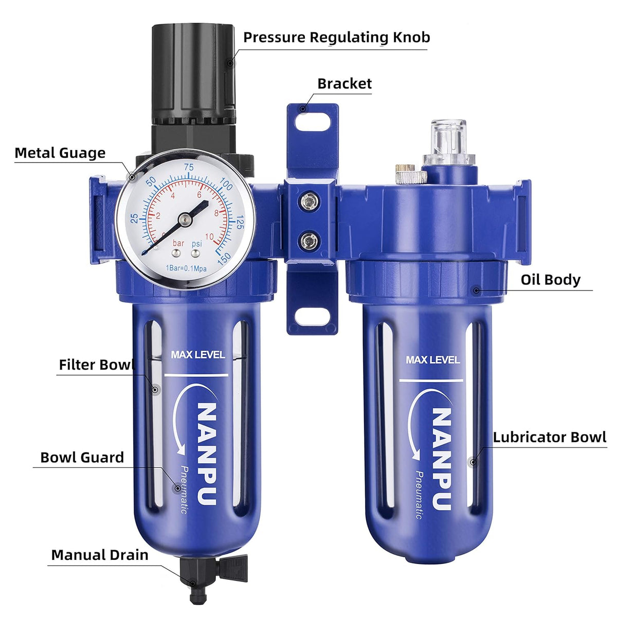 3/8 NPT Compressed Air Filter Regulator Lubricator, Zinc Alloy, 5 Micron, 0-150 psi W22768