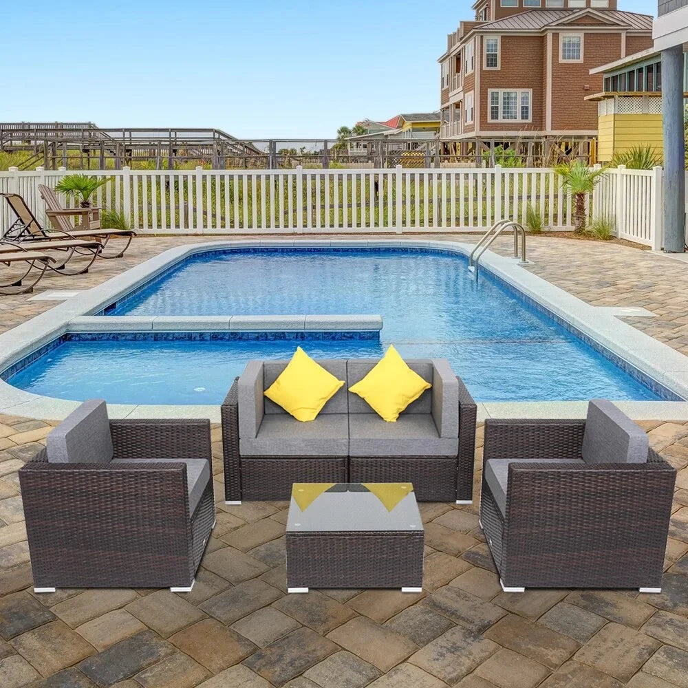 5 Pieces PE Wicker Rattan Corner Sofa Set C524