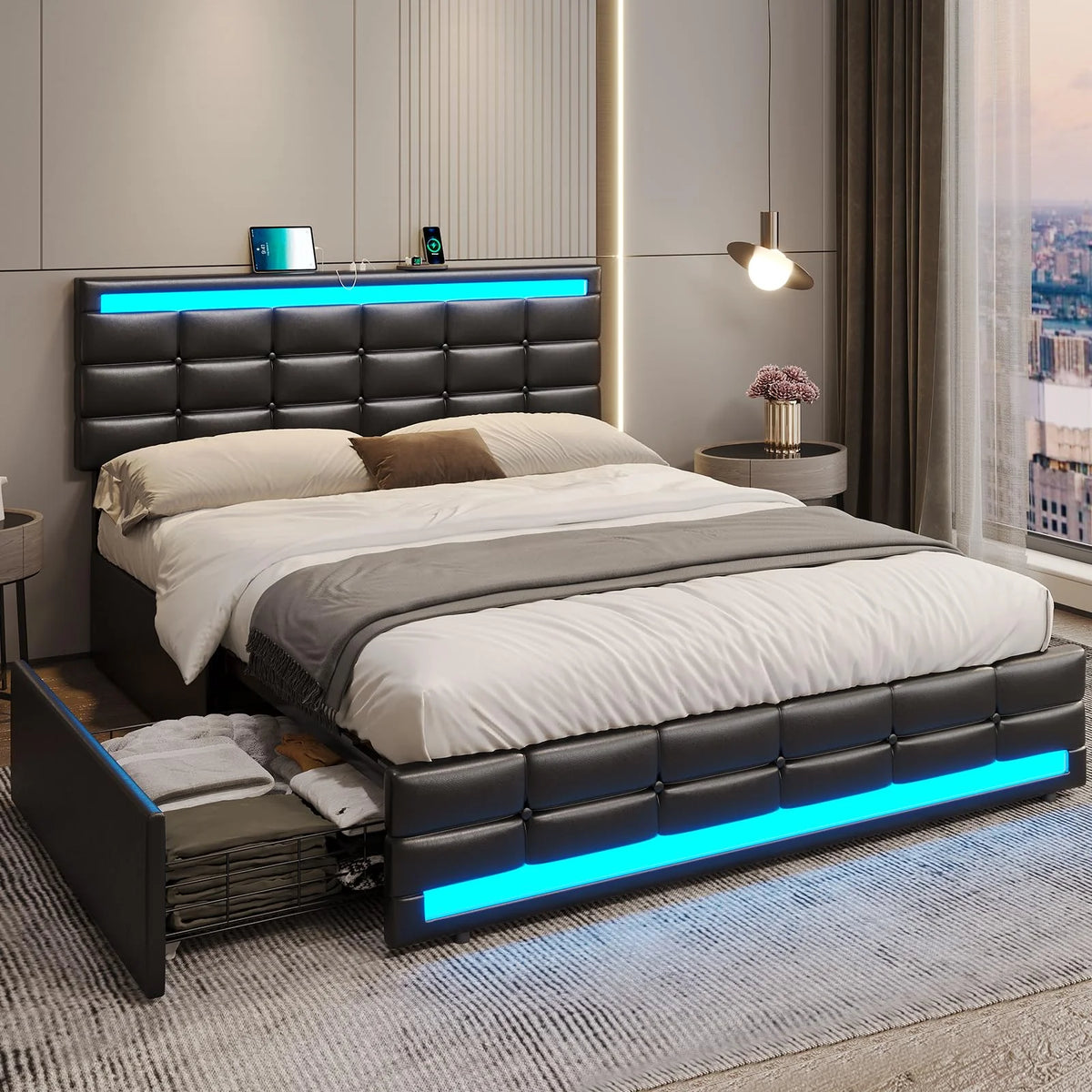King Size White LED Bed Frame with USB Ports and Storage Drawers G3484