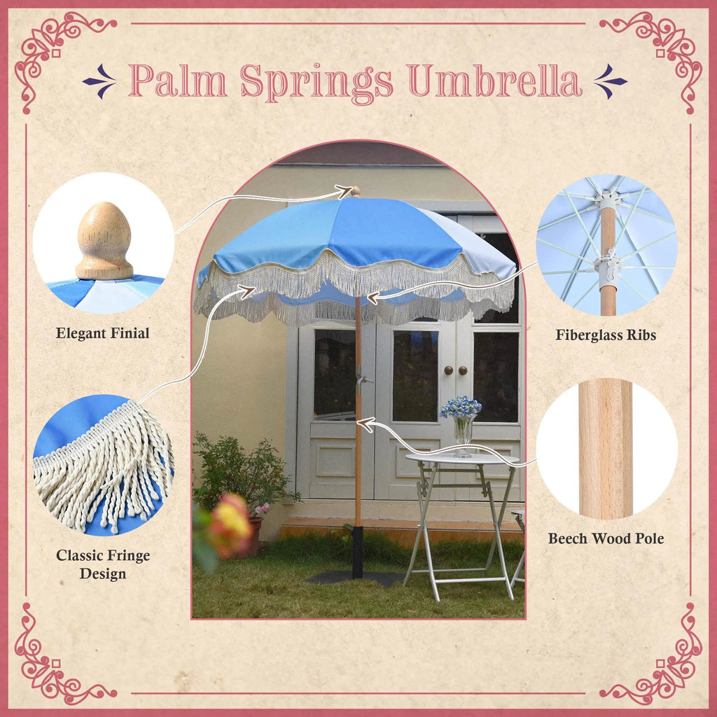 6Ft Fringe Patio Umbrella with Tassels & Carry Bag Wood Blue P7355