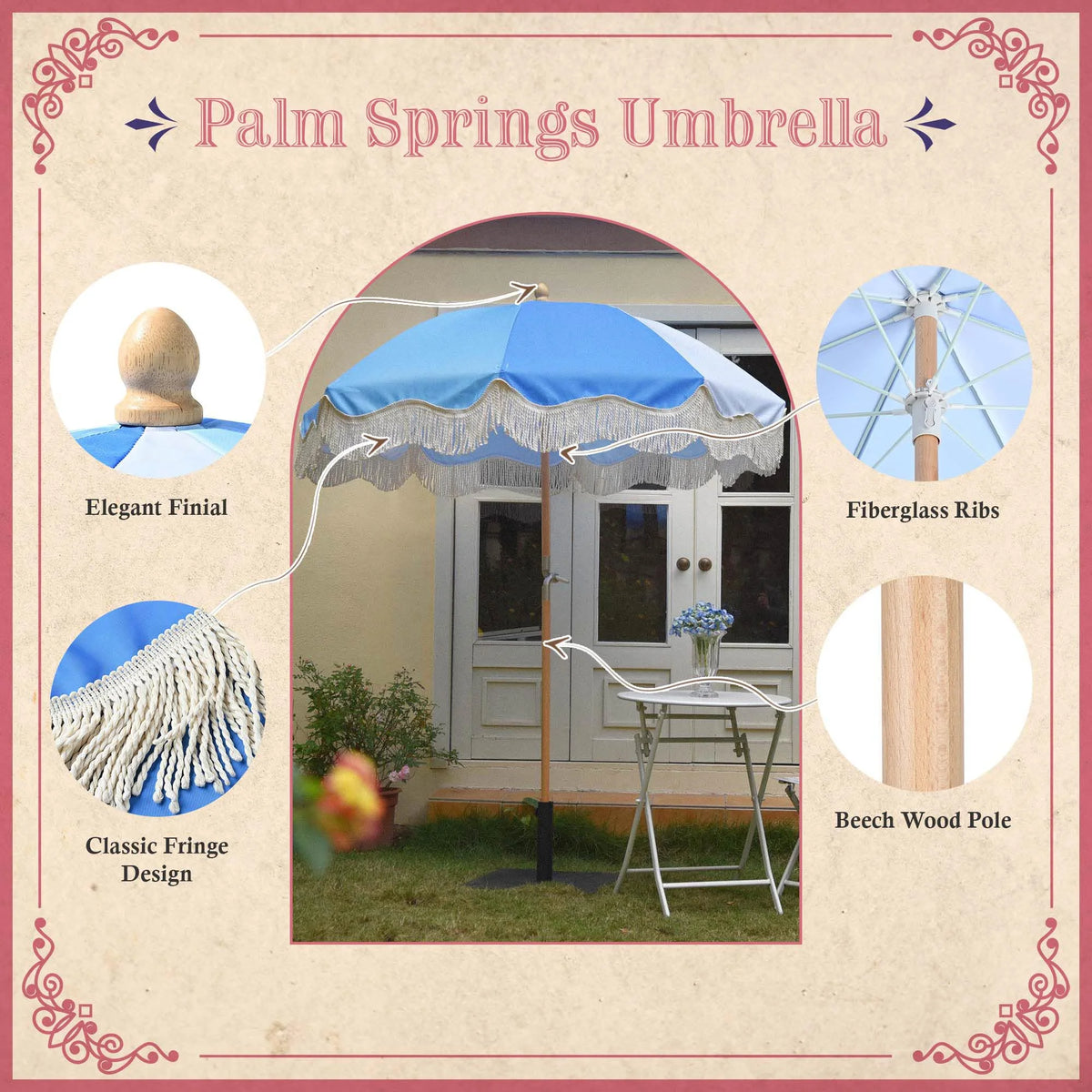 6Ft Fringe Patio Umbrella with Tassels & Carry Bag Wood Blue P7355