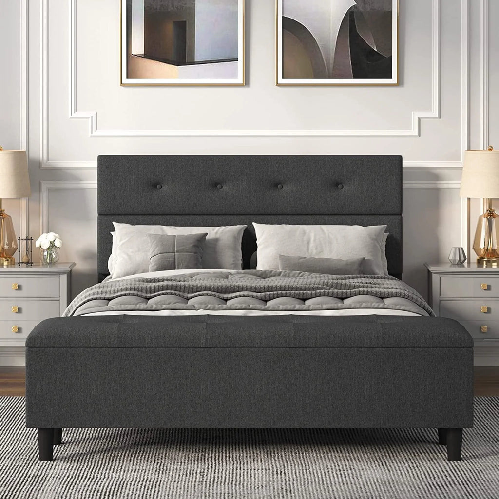 Queen Size Upholstered Platform Bed Frame with Storage Bench, Dark Grey J473386