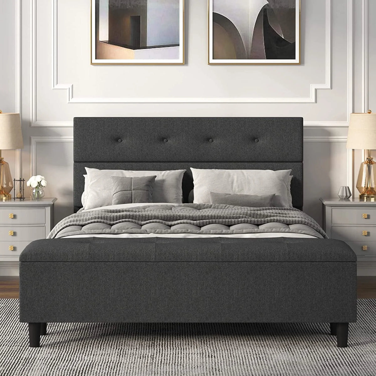 Queen Size Upholstered Platform Bed Frame with Storage Bench, Dark Grey J473386