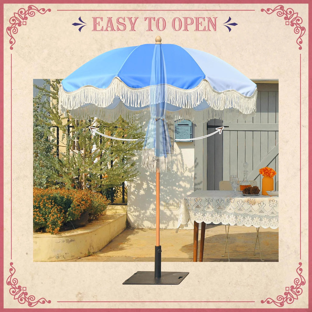 6Ft Fringe Patio Umbrella with Tassels & Carry Bag Wood Blue P7355