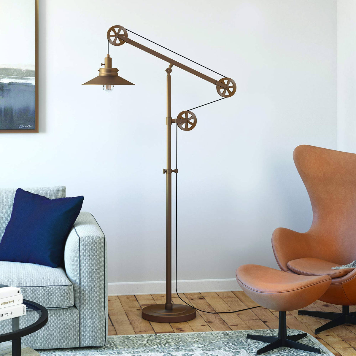Brushed Brass Wide Brim Floor Lamp with Pulley System Y30873