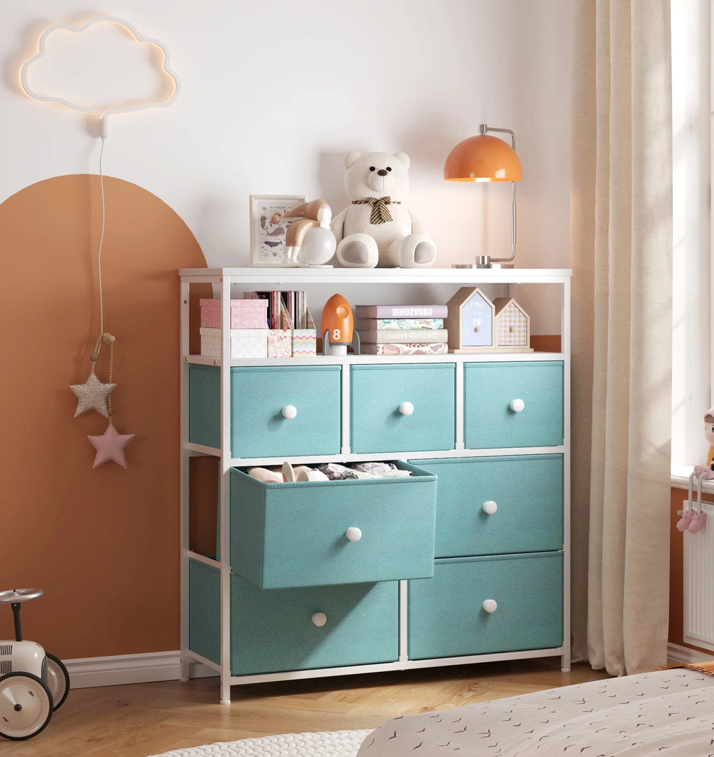 Pink 7 Drawer Fabric Dresser with Wood Shelves W860959