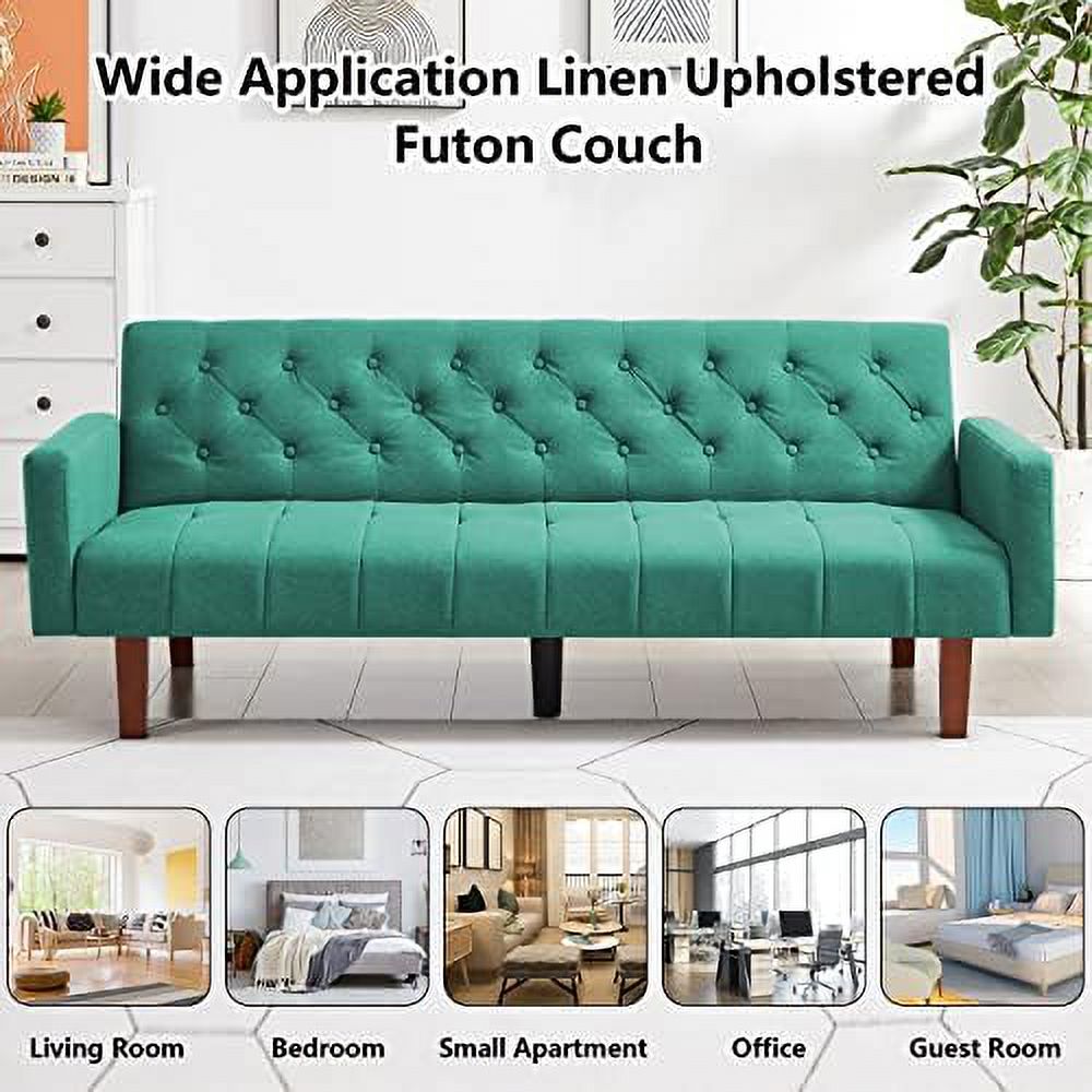 Green Linen Upholstered Convertible Sofa Bed 74" 3 Seater V892