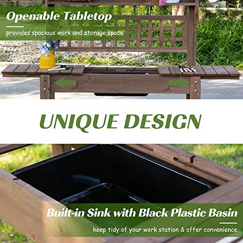 Brown Wooden Potting Bench Table with Sliding Tabletop and Storage Shelf X443