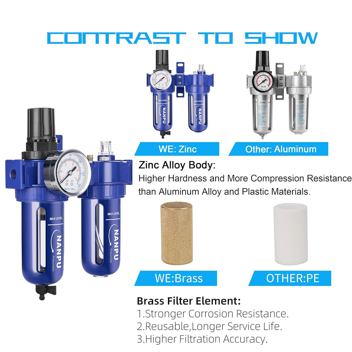 3/8 NPT Compressed Air Filter Regulator Lubricator, Zinc Alloy, 5 Micron, 0-150 psi W22768