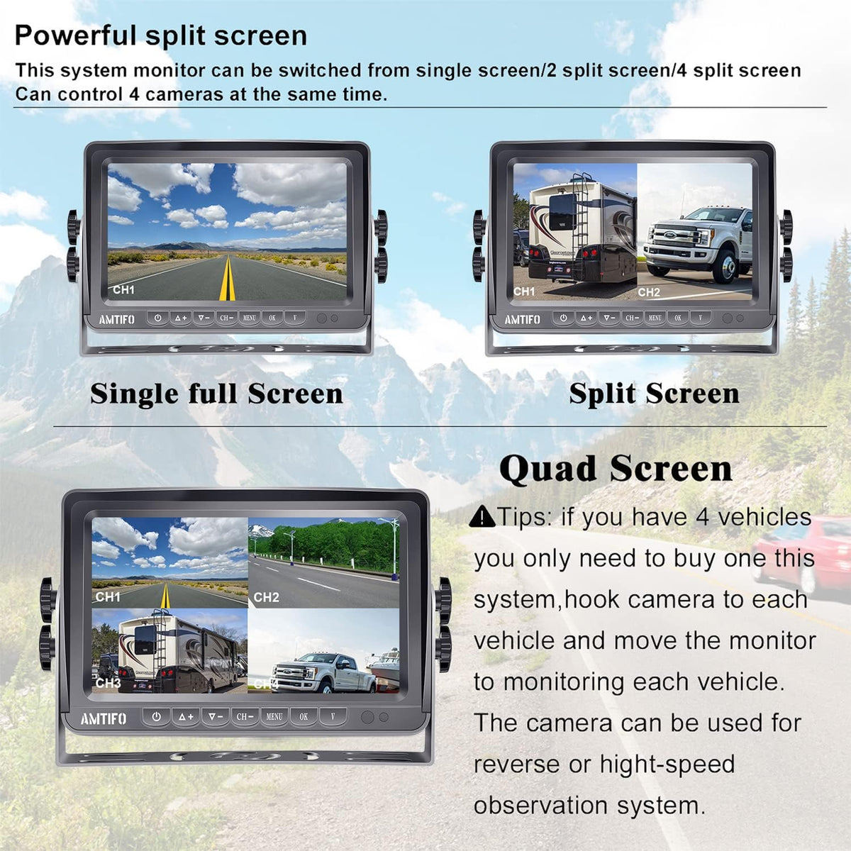 Wireless HD 1080P 7'' Split Screen DVR Backup Camera 4 Channel Infrared Night Vision L9681
